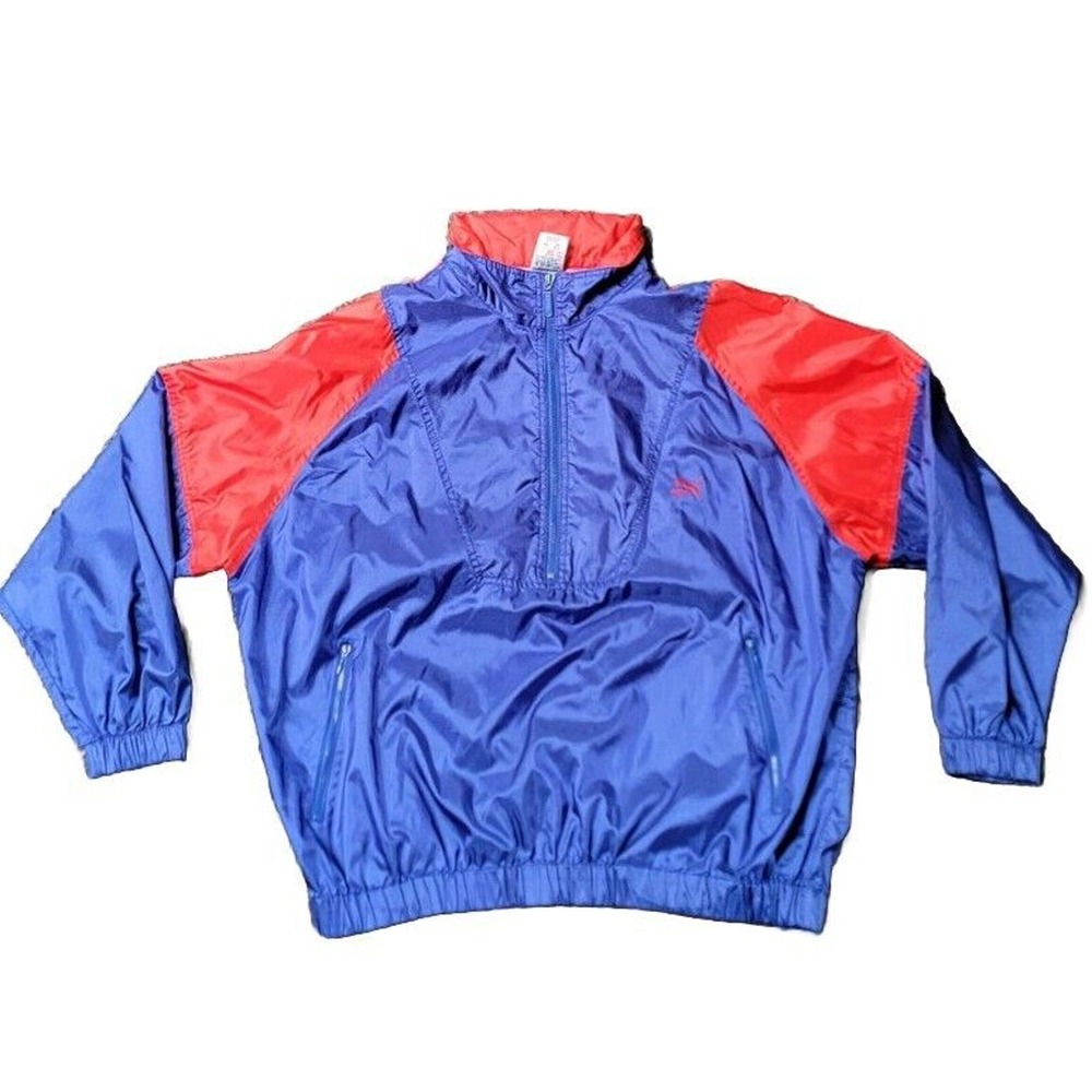Vintage Puma Nylon Rain Jacket Mens XL Blue Red Hooded Vented Running 1/4 Zip